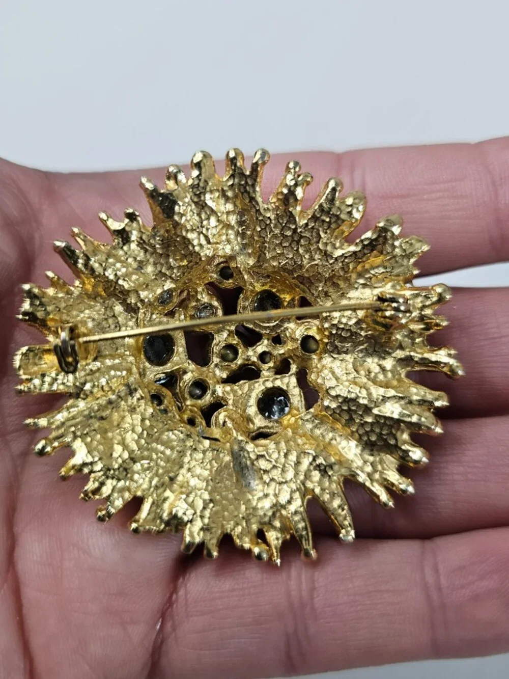 Gold Silver Tone Dome Starburst Brooch Flower Cluster AB Gray Cat Eye Unmarked